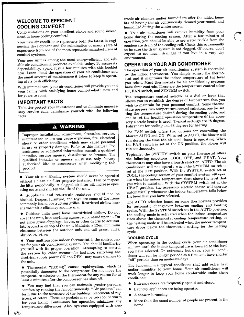 Welcome to efficient cooling comfort, Important facts, A warning | Operating your air conditioner, Cooling cycle | Carrier 50EE User Manual | Page 2 / 7