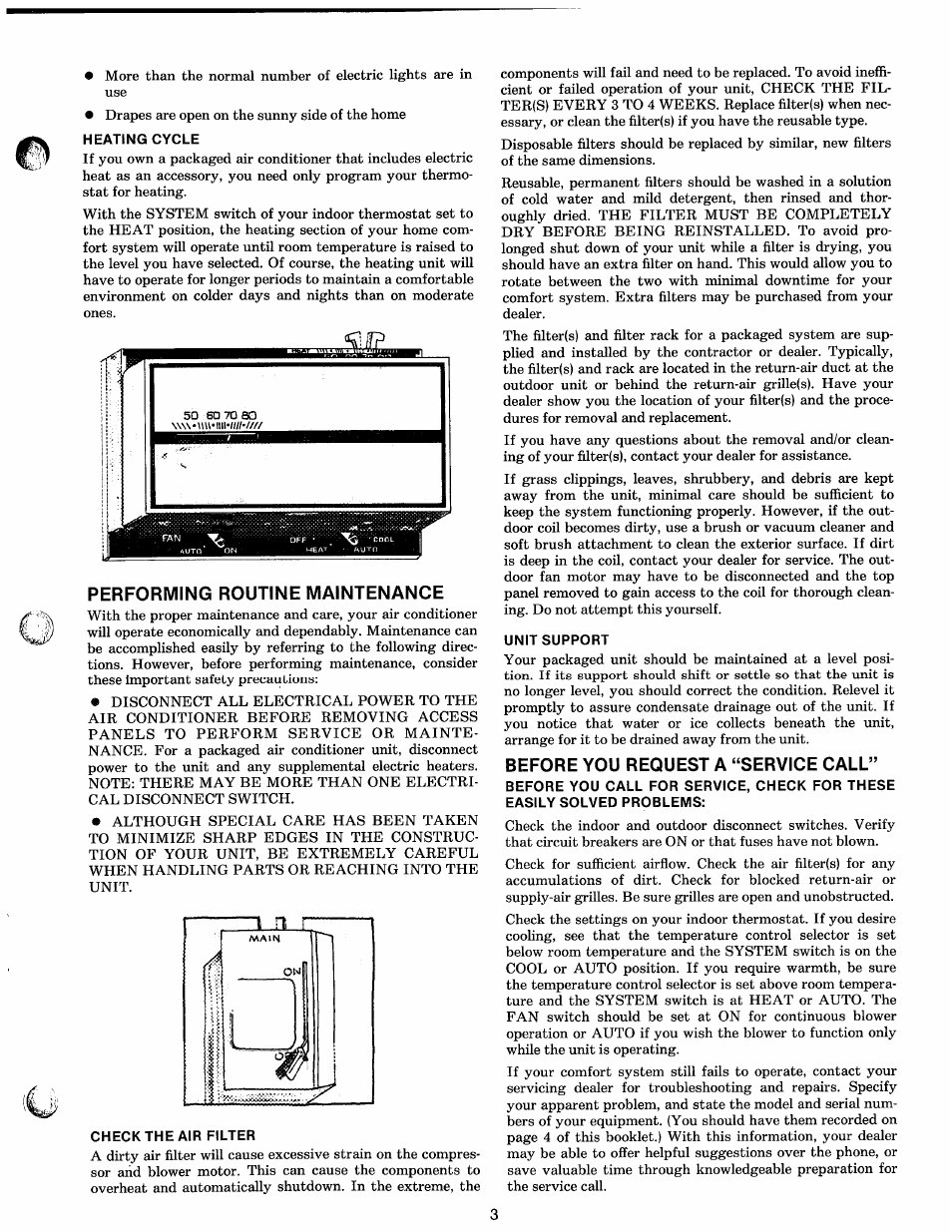 Performing routine maintenance, Check the air filter, Unit support | Before you request a “service call | Carrier 50EE User Manual | Page 3 / 7