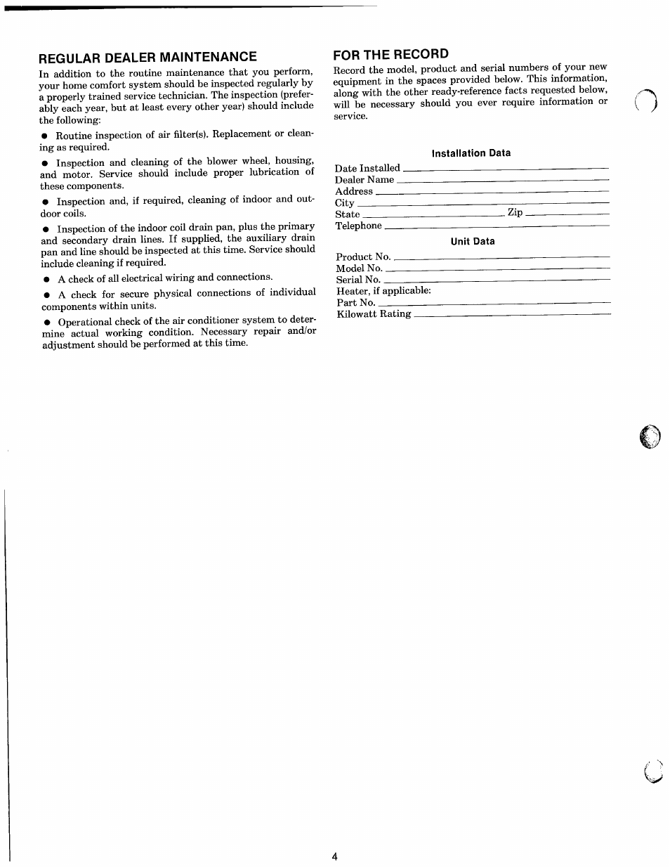 Regular dealer maintenance, For the record, Installation data | Unit data | Carrier 50EE User Manual | Page 4 / 7