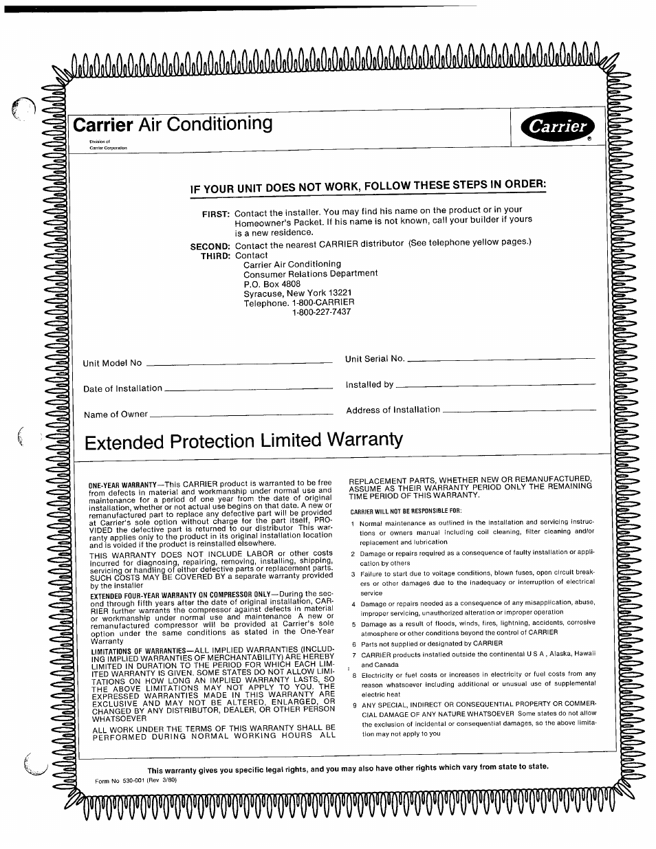 Carrier air conditioning, Extended protection limited warranty | Carrier 50EE User Manual | Page 6 / 7