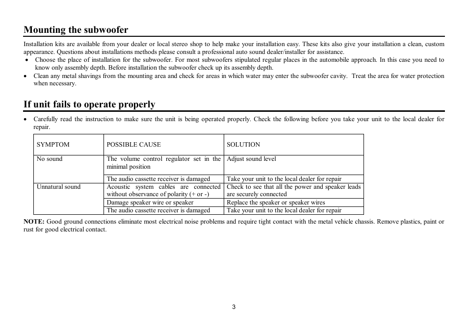 Mounting the subwoofer, If unit fails to operate properly | Hyundai H-CSP121 User Manual | Page 3 / 7