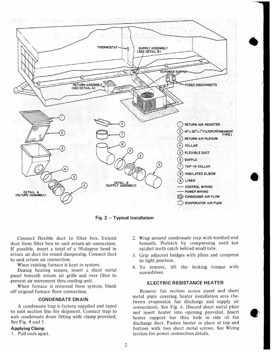Fig. 2 — typical installation, Condensate drain, Electric resistance heater | Carrier 50MH User Manual | Page 2 / 9