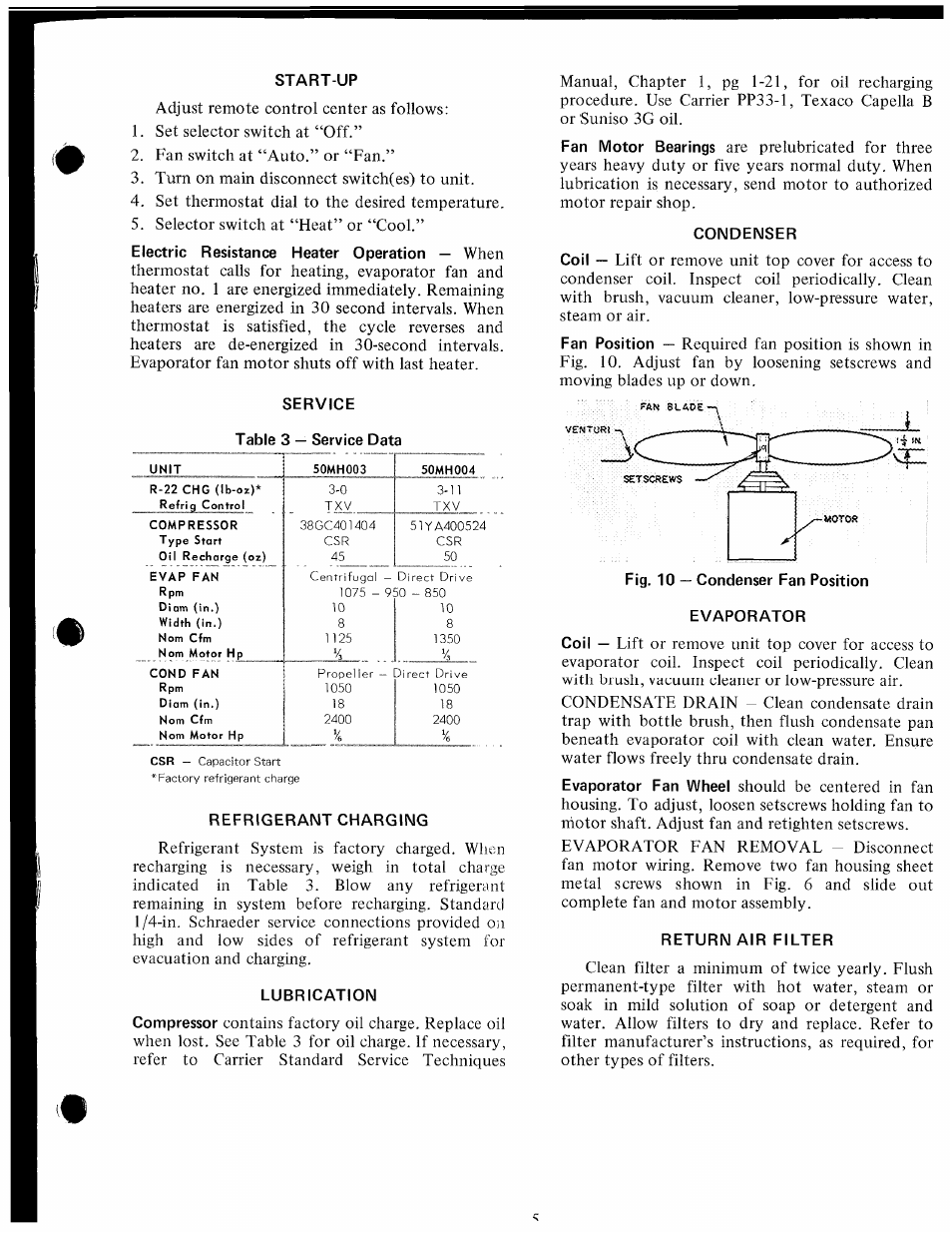 Start-up, Service, Refrigerant charging | Lubrication, Condenser, Evaporator, Return air filter | Carrier 50MH User Manual | Page 5 / 9