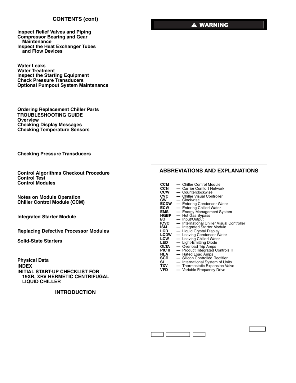Contents (cont), Introduction, Abbreviations and explanations | Carrier 19XR,XRV Hermetic Centrifugal Liquid Chillers User Manual | Page 4 / 140