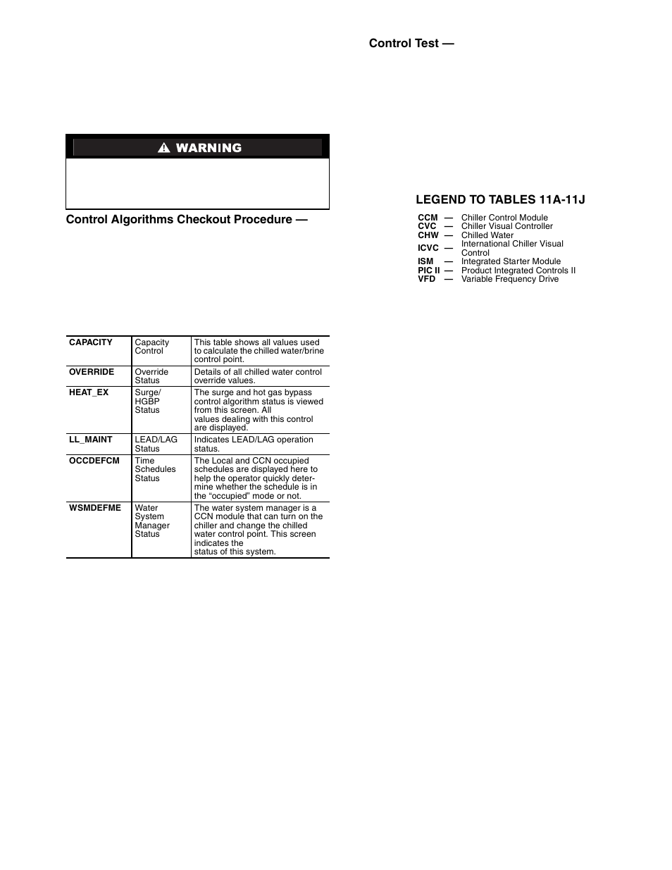 Control algorithms checkout procedure, Control test, Legend to tables 11a-11j | Carrier 19XR,XRV Hermetic Centrifugal Liquid Chillers User Manual | Page 77 / 140
