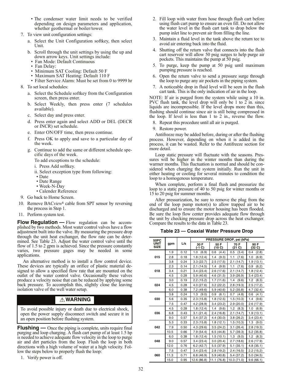 Flow regulation, Flushing, Warning | Carrier AQUAZONE PCV015-060 User Manual | Page 32 / 52