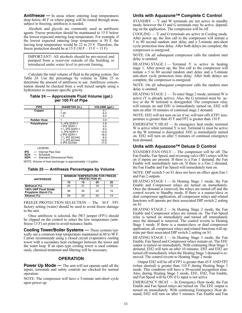 Antifreeze, Cooling tower/boiler systems, Operation power up mode | Units with aquazone™ complete c control, Units with aquazone™ deluxe d control | Carrier AQUAZONE PCV015-060 User Manual | Page 33 / 52