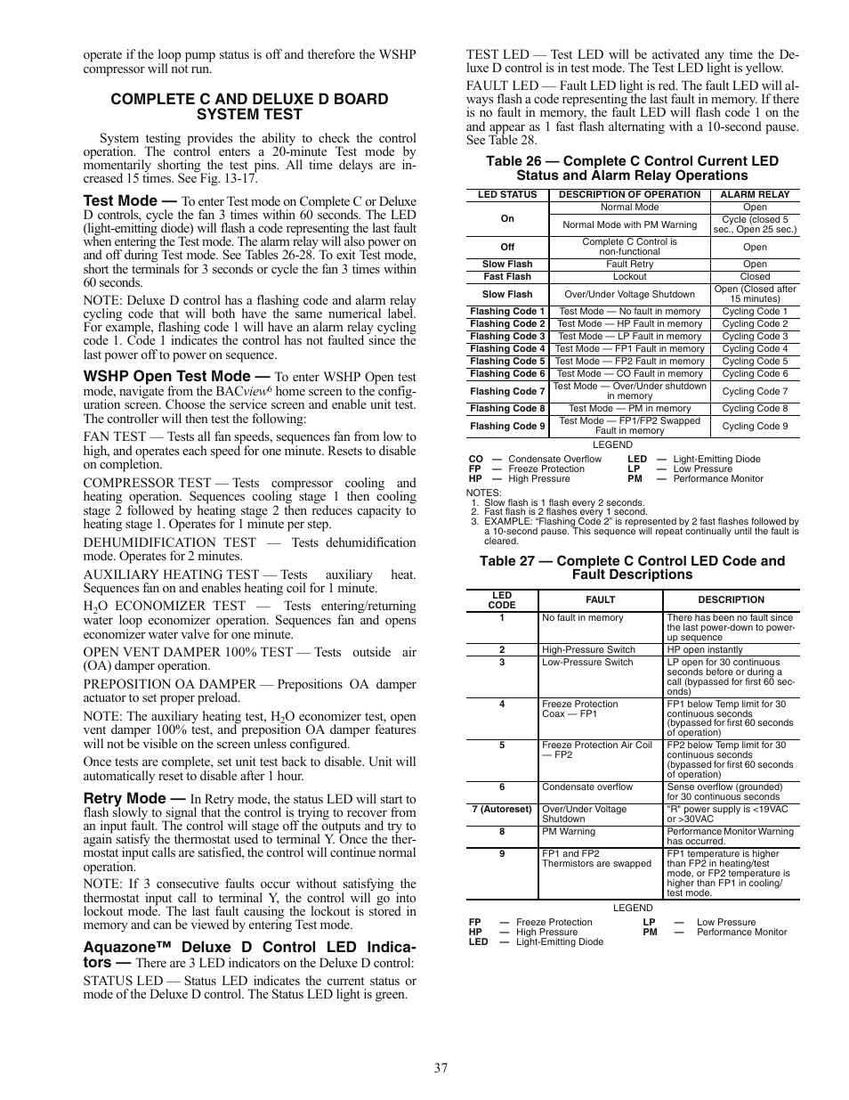 Complete c and deluxe d board system test, Test mode, Wshp open test mode | Retry mode, Aquazone™ deluxe d control led indica- tors | Carrier AQUAZONE PCV015-060 User Manual | Page 37 / 52