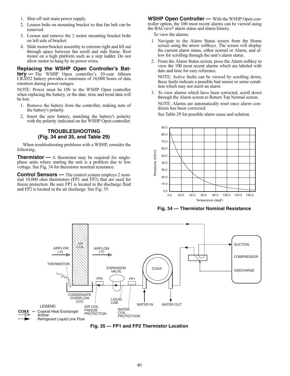 Replacing the wshp open controller’s bat- tery, Thermistor, Control sensors | Wshp open controller | Carrier AQUAZONE PCV015-060 User Manual | Page 40 / 52