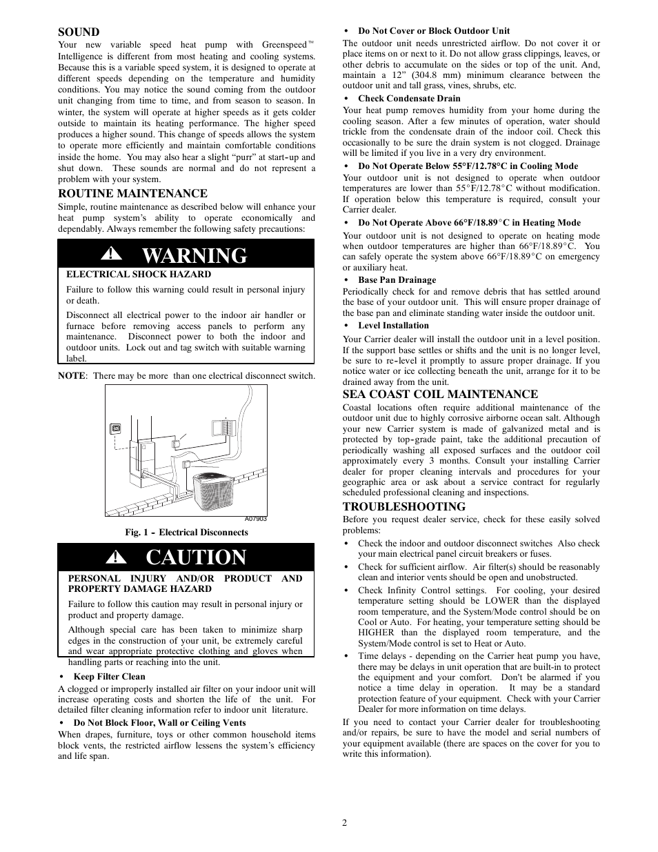 Warning, Caution, Sound | Routine maintenance, Sea coast coil maintenance, Troubleshooting | Carrier INFINITYT 25VNA User Manual | Page 2 / 4