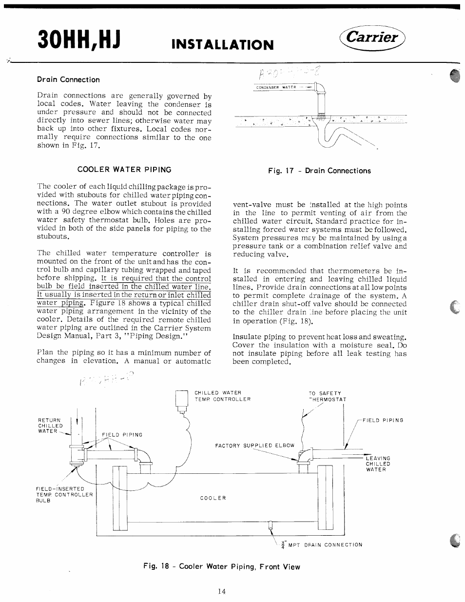 Drain connection, Cooler water piping, 30hh,hj | Installation | Carrier 30HH User Manual | Page 14 / 49