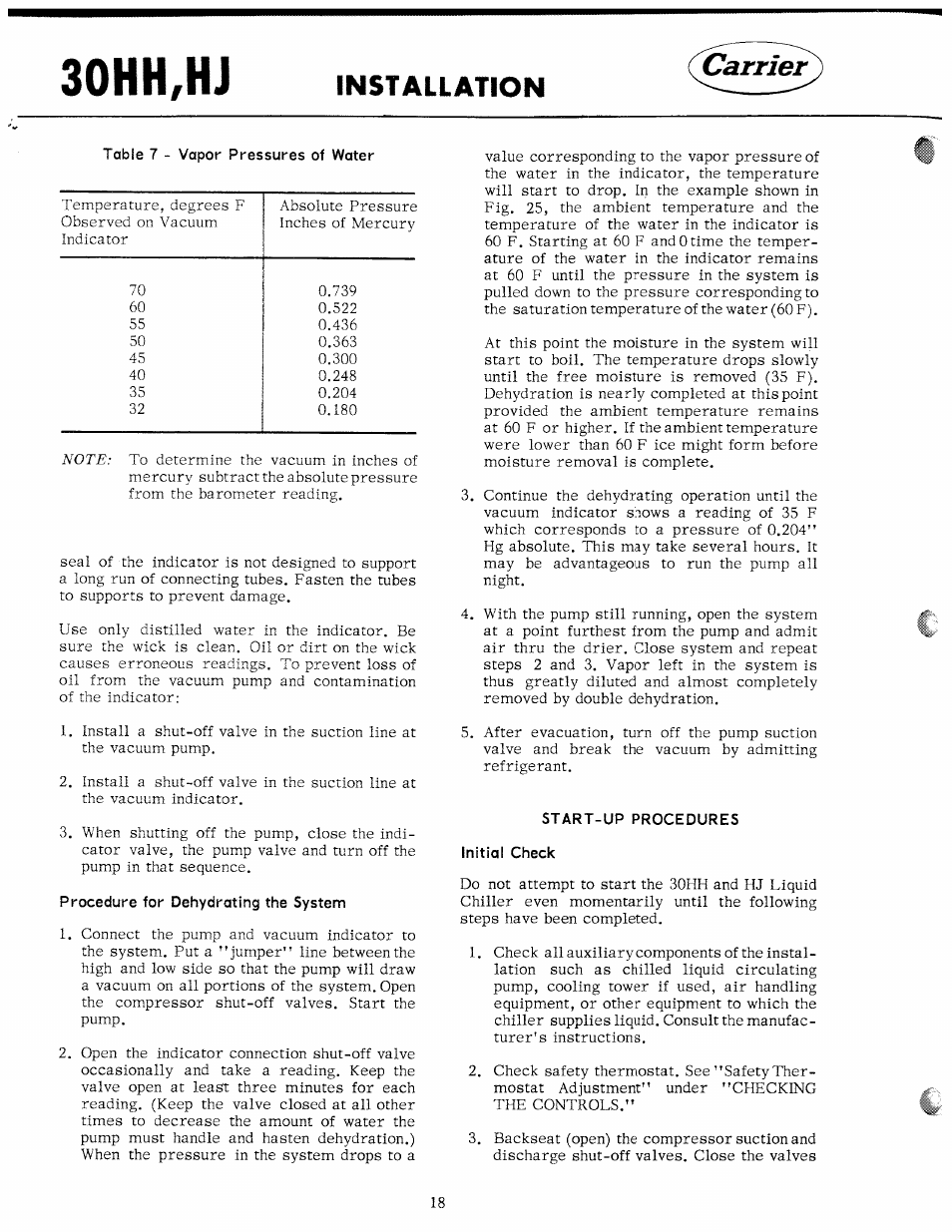 Procedure for dehydrating the system, Start-up procedures initial check, Installation | Carrier 30HH User Manual | Page 18 / 49