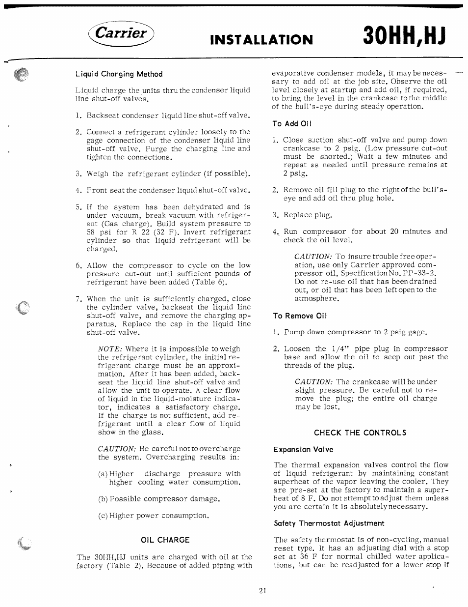 Liquid charging method, Oil charge, To add oil | To remove oil, Check the controls expansion valve, Safety thermostat adjustment, 30hh,hj, Carrier, Installation | Carrier 30HH User Manual | Page 21 / 49