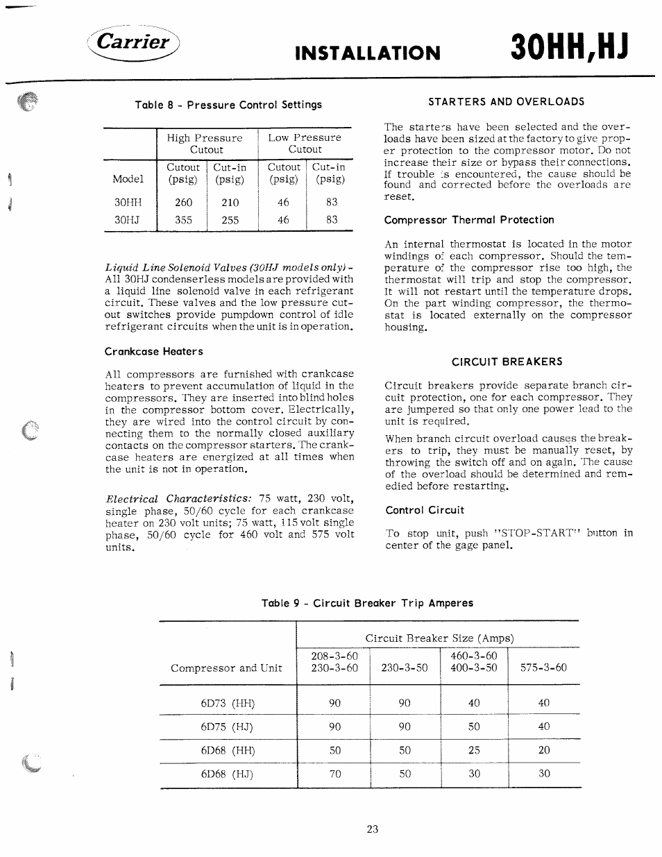 Starters and overloads, Compressor thermal protection, Crankcase heaters | Circuit breakers, Control circuit, 30hh,hj, Carrier, Installation | Carrier 30HH User Manual | Page 23 / 49