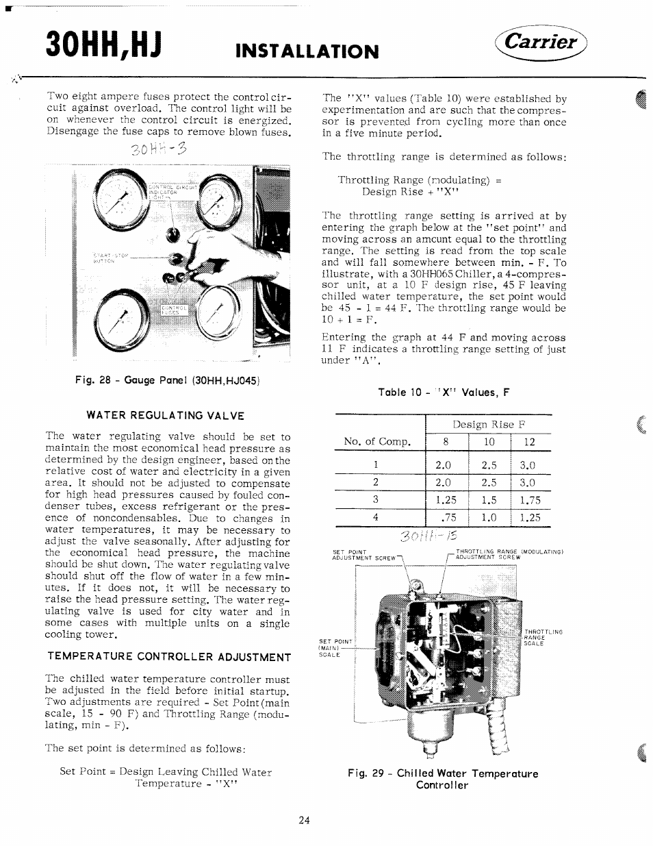Installation, Water regulating valve, Temperature controller adjustment | 30hh,hj, Carrier | Carrier 30HH User Manual | Page 24 / 49