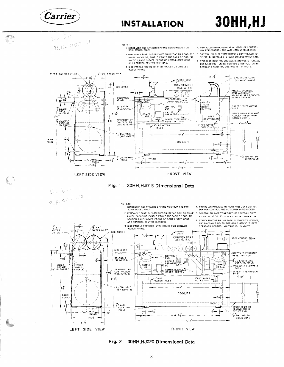Fig. 1 - 30hh,hj015 dimensiona! data, 30hh,hj, Installation | Carrier 30HH User Manual | Page 3 / 49