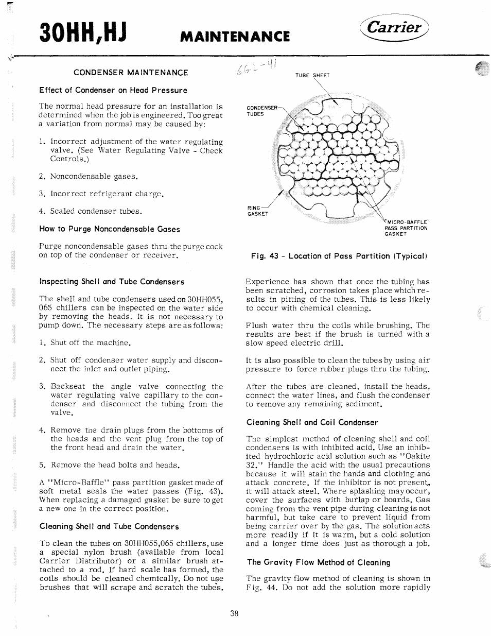 Condenser maintenance, Effect of condenser on head pressure, How to purge noncondensable gases | Inspecting shell and tube condensers, Cleaning shell and tube condensers, Cleaning shell and coil condenser, The gravity flow method of cleaning, 30hh,hj, Carrier, Maintenance | Carrier 30HH User Manual | Page 44 / 49