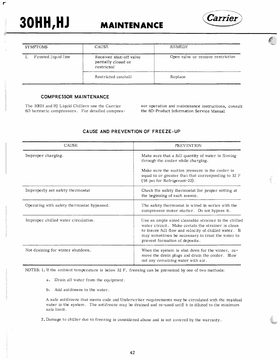 Compressor maintenance, Cause and prevention of freeze-up, 30hh,hj | Carrier, Maintenance | Carrier 30HH User Manual | Page 48 / 49