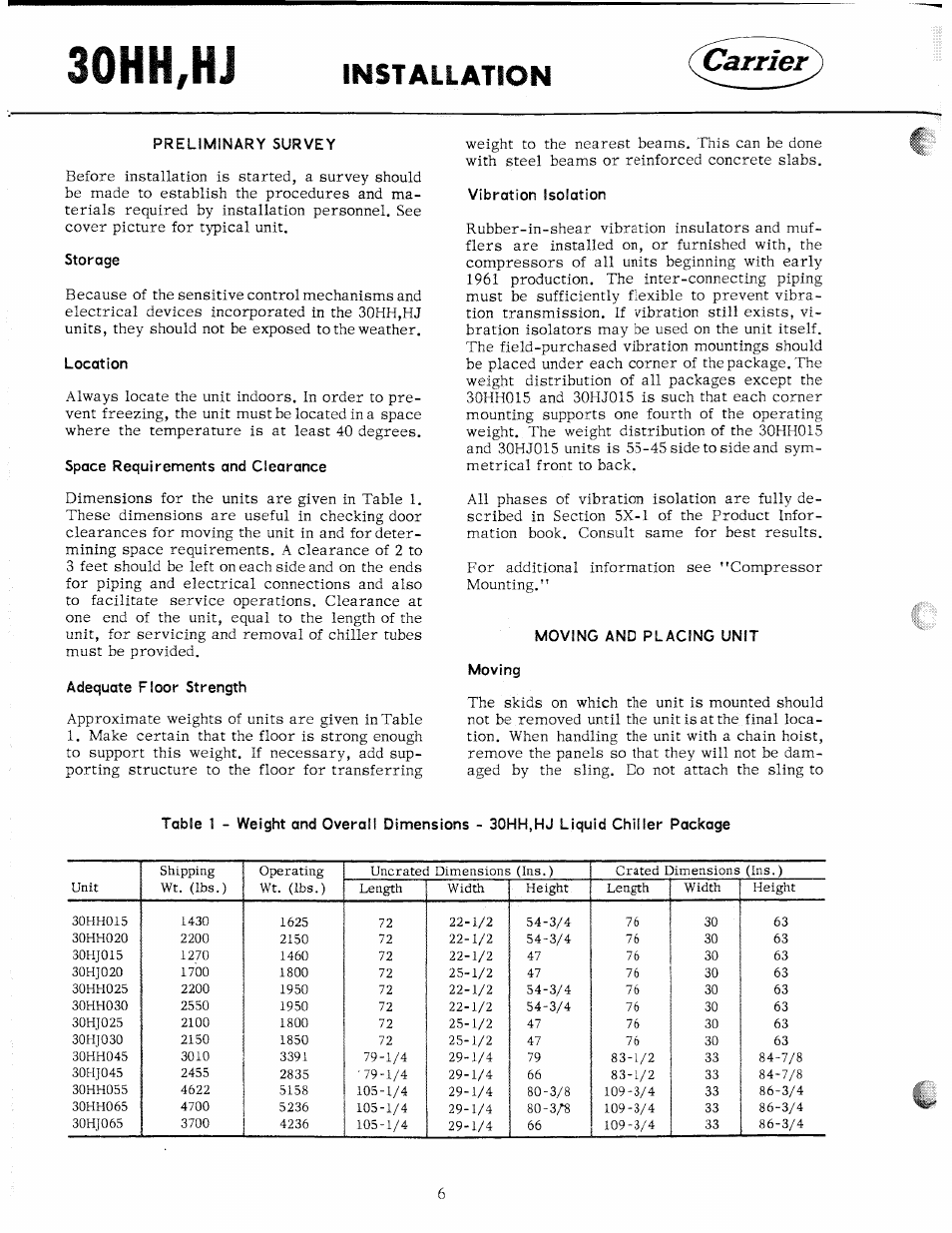 Storage, Location, Space requirements and clearance | Adequate floor strength, Vibration isolation, Moving and placing unit, Moving, 30hh,hj, Installation | Carrier 30HH User Manual | Page 6 / 49