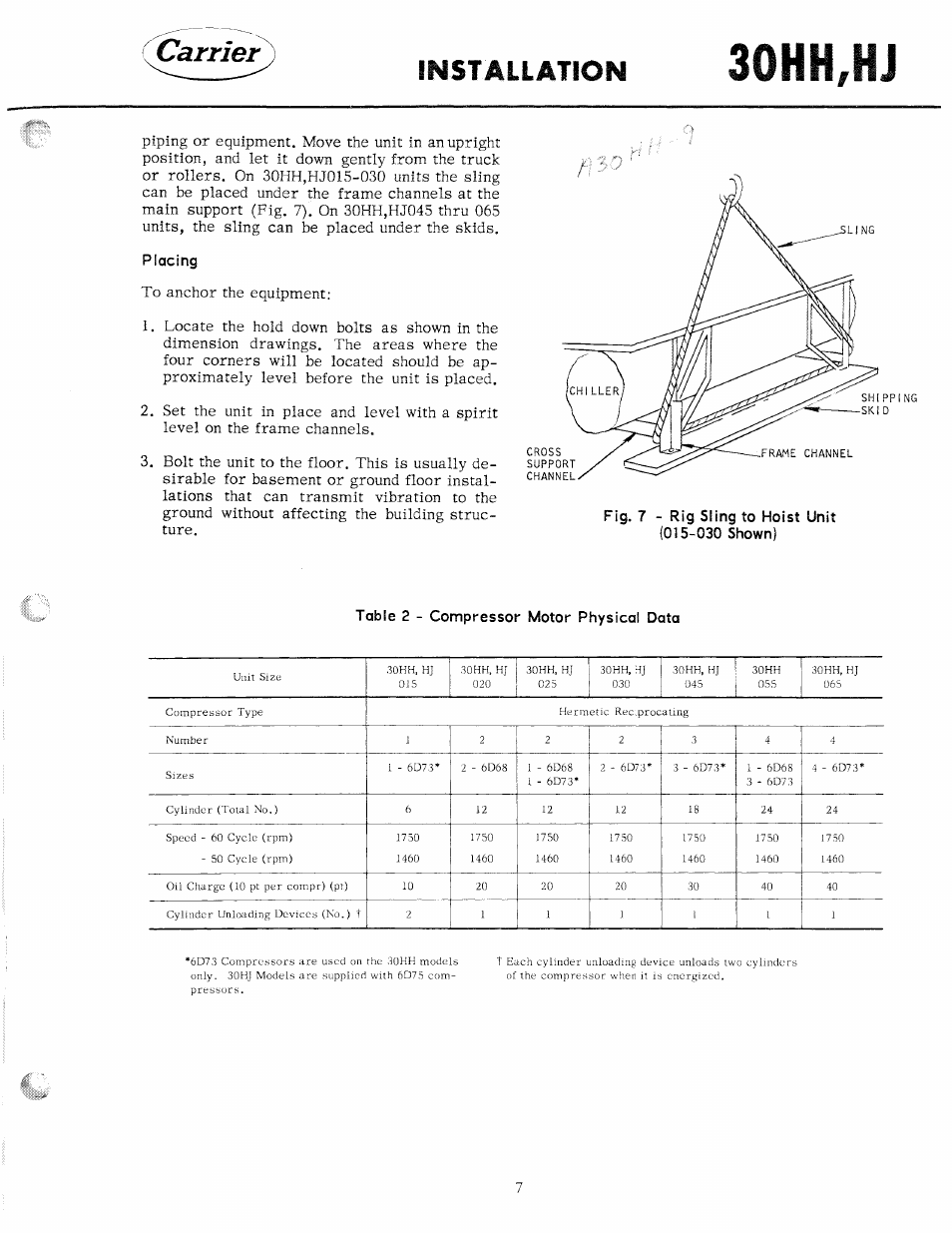 Placing, 30hh,hj, Carrier | Installation | Carrier 30HH User Manual | Page 7 / 49