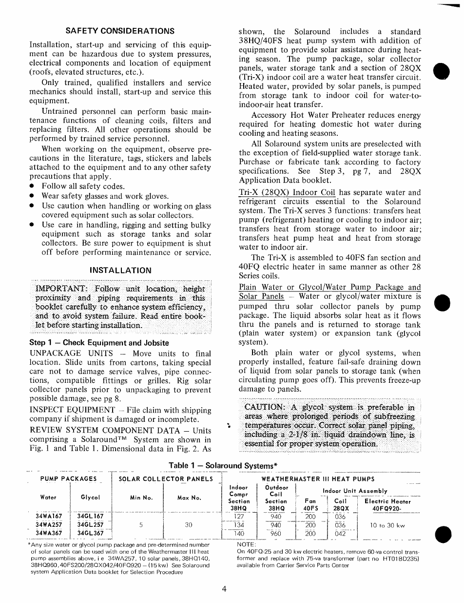 Safety considerations, Installation, Step 1 — check equipment and jobsite | Table 1 — solaround systems | Carrier 28QX User Manual | Page 4 / 31