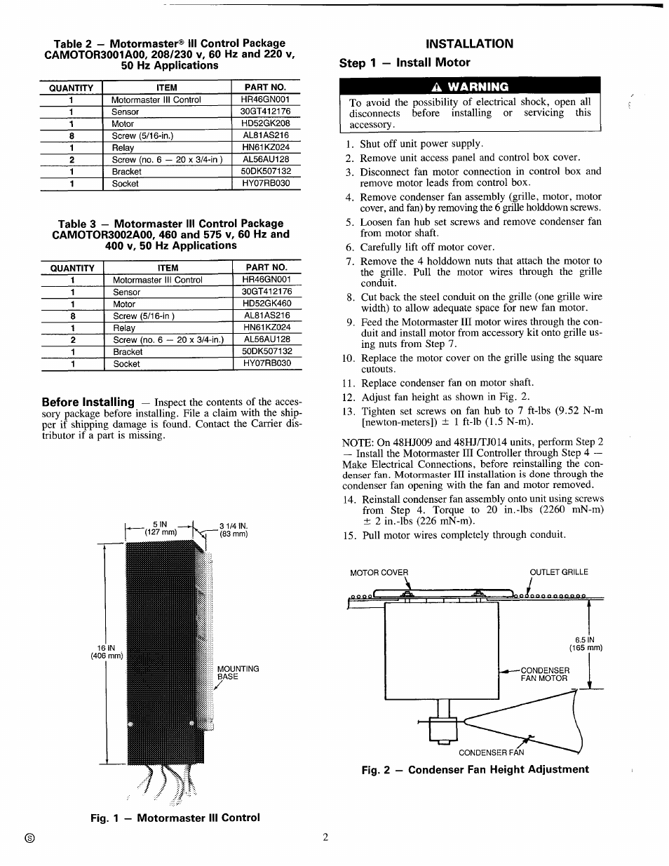 Installation step 1 — install motor, A warning | Carrier 38AK User Manual | Page 2 / 24