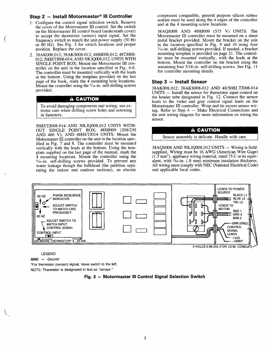 Step 2 — install motormaster® iii controller, A caution, Step 3 — install sensor | Lh izzi | Carrier 38AK User Manual | Page 3 / 24