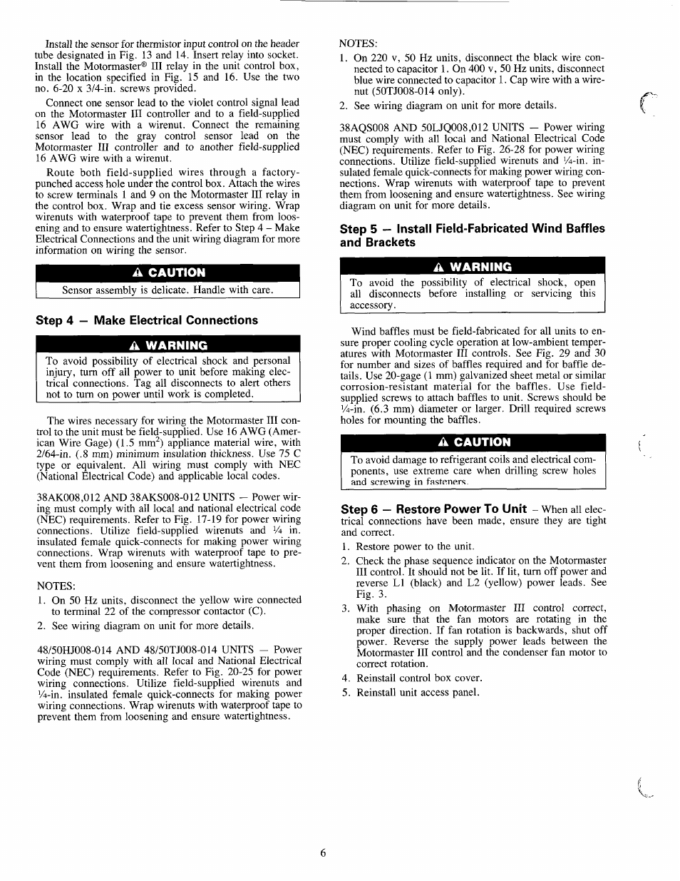 A caution, Step 4 — make electrical connections, A warning | Carrier 38AK User Manual | Page 6 / 24