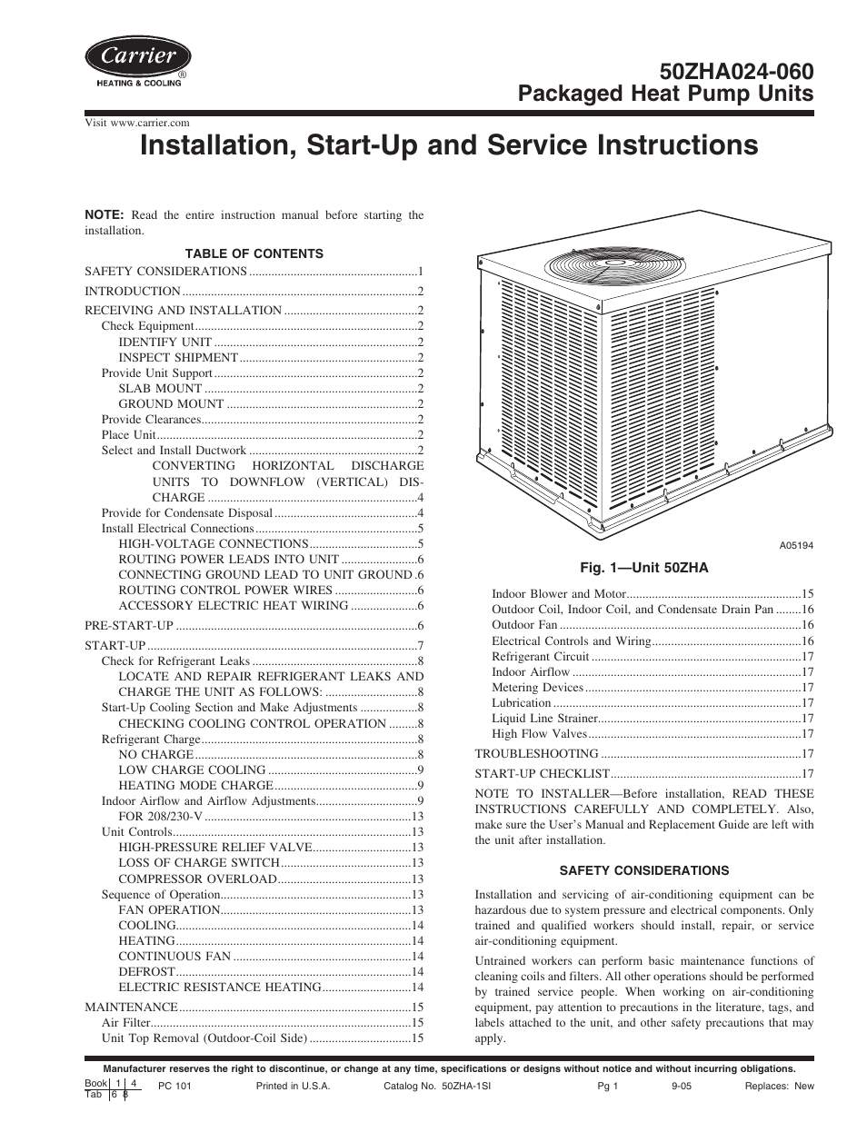 Carrier 50ZHA024-060 User Manual | 20 pages