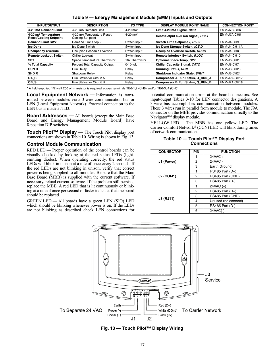 Local equipment network, Board addresses, Touch pilot™ display | Control module communication | Carrier AQUAFORCE 30XW150-400 User Manual | Page 17 / 148