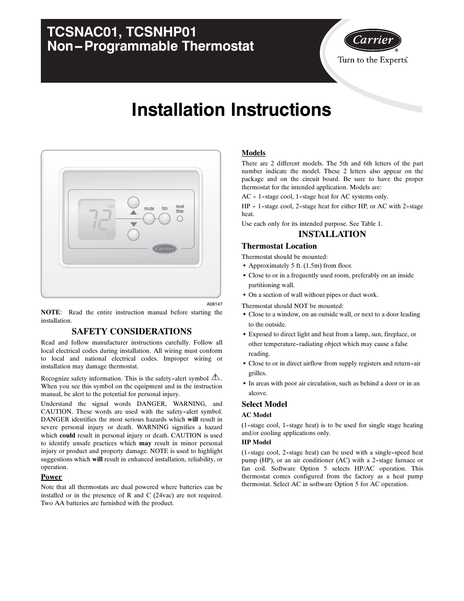 Carrier TCSNHP01 User Manual | 10 pages