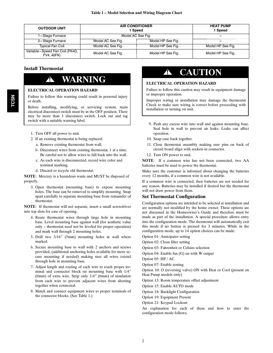 Warning, Caution, Install thermostat | Set thermostat configuration | Carrier TCSNHP01 User Manual | Page 2 / 10