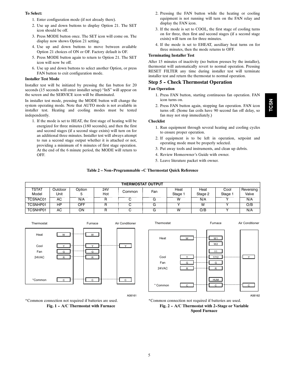 Step 5 -- check thermostat operation, Tc sn | Carrier TCSNHP01 User Manual | Page 5 / 10