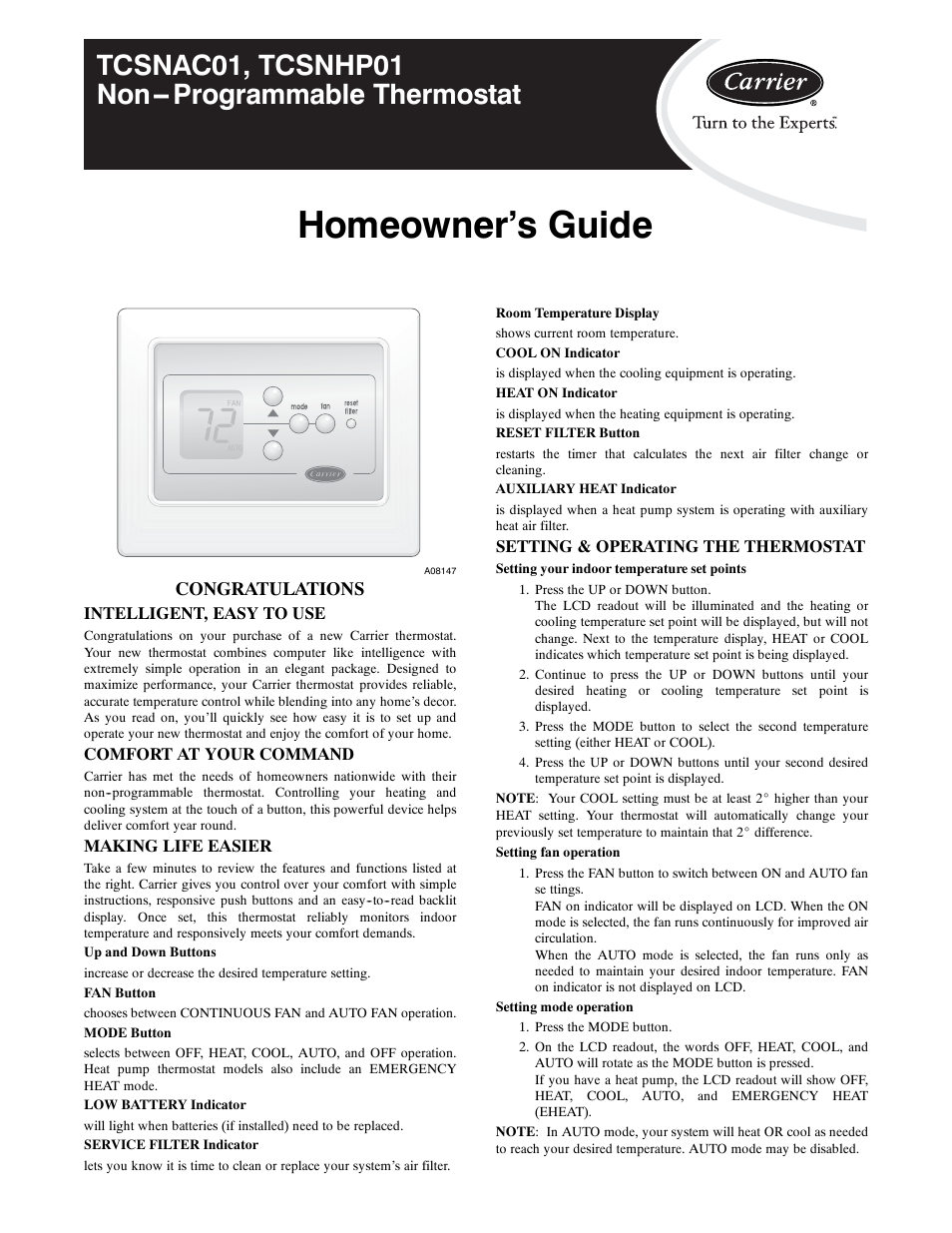 Homeowner’s guide, Tcsnac01, tcsnhp01 non--programmable thermostat | Carrier TCSNHP01 User Manual | Page 9 / 10