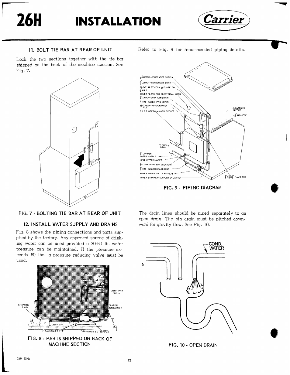 N. bolt tie bar at rear of unit, Install water supply and drains, Fig. 8 - parts shipped on back of machine section | Installation, Carrier | Carrier 26H User Manual | Page 12 / 64
