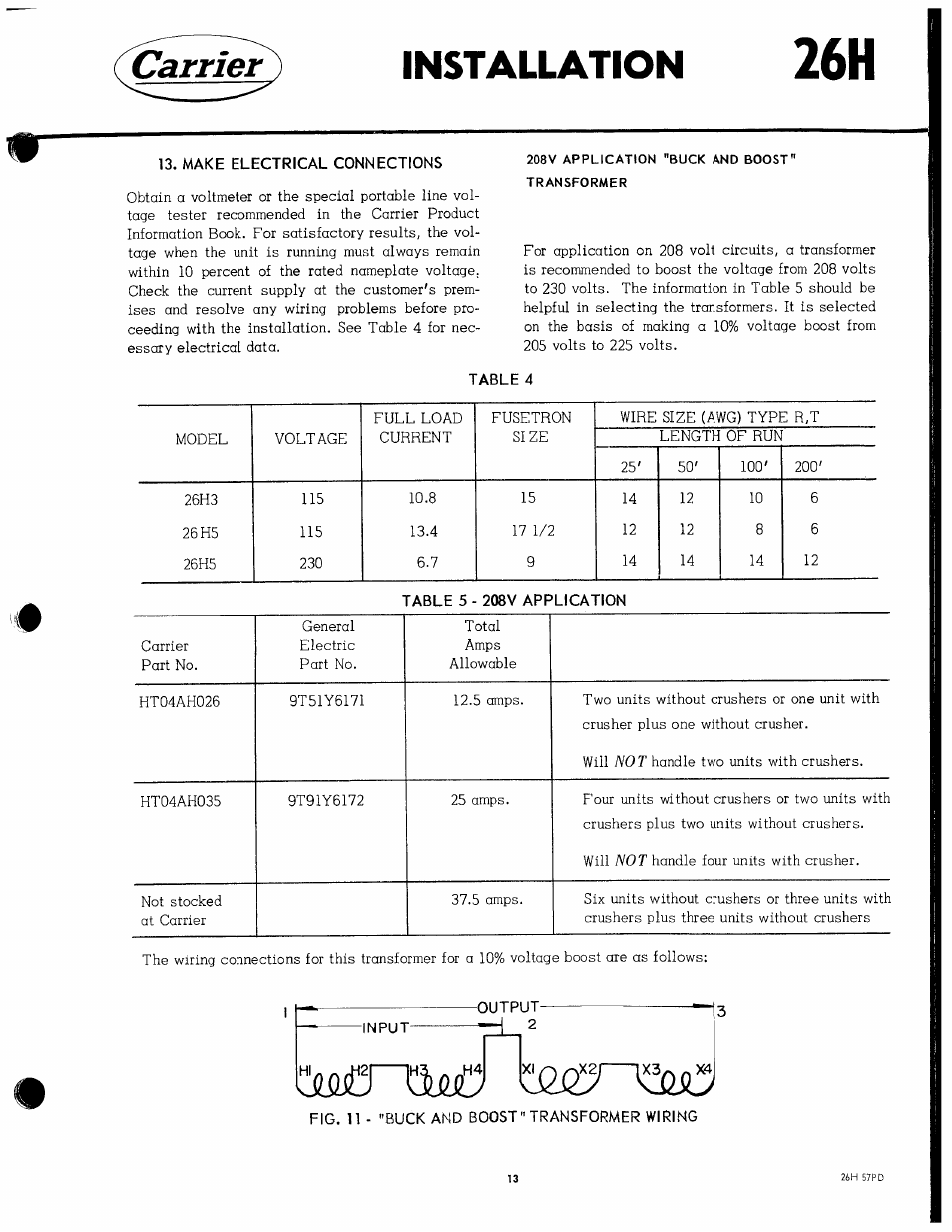 Make electrical connections, Input, Output | Fig. n - "buck amd boost" transformer wiring, Installation, Carrier | Carrier 26H User Manual | Page 13 / 64