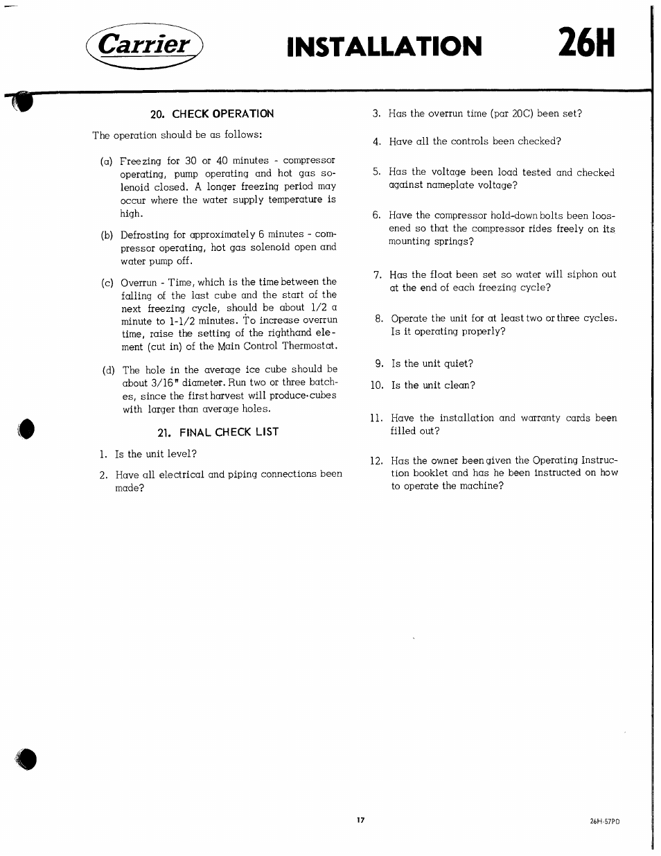 Check operation, Final check list, Check operation 21. final check list | Installation, Carrier | Carrier 26H User Manual | Page 17 / 64