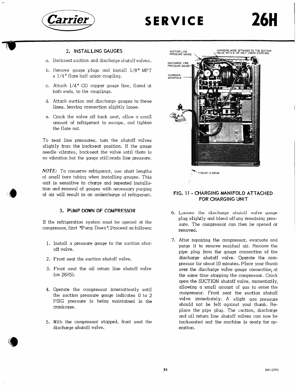 Installing gauges, Pump down of compressor, Carrier | Carrier 26H User Manual | Page 25 / 64