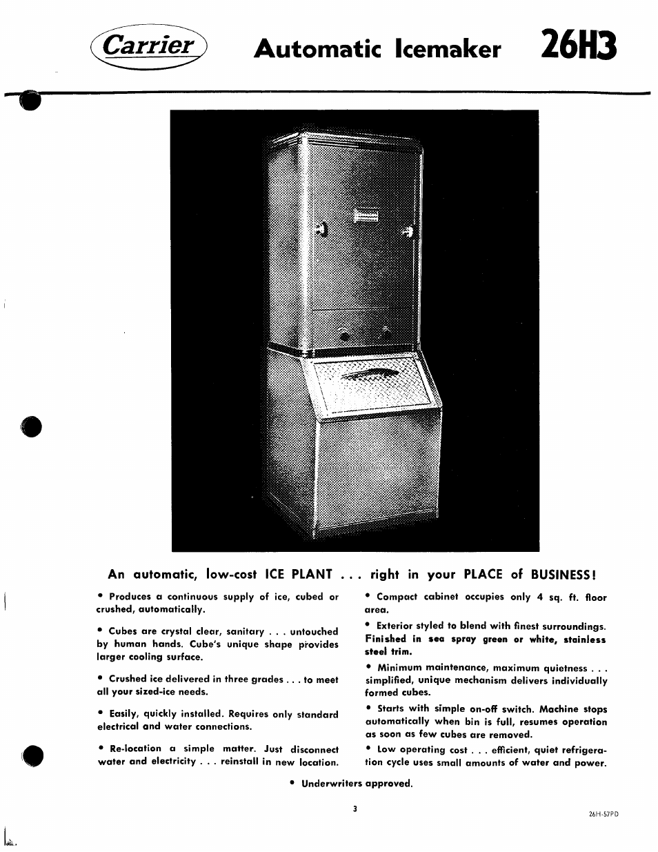 An automatic, low-cost ice plant, Right in your place of business, 26h3 | Carrier^ automatic icemaker | Carrier 26H User Manual | Page 3 / 64
