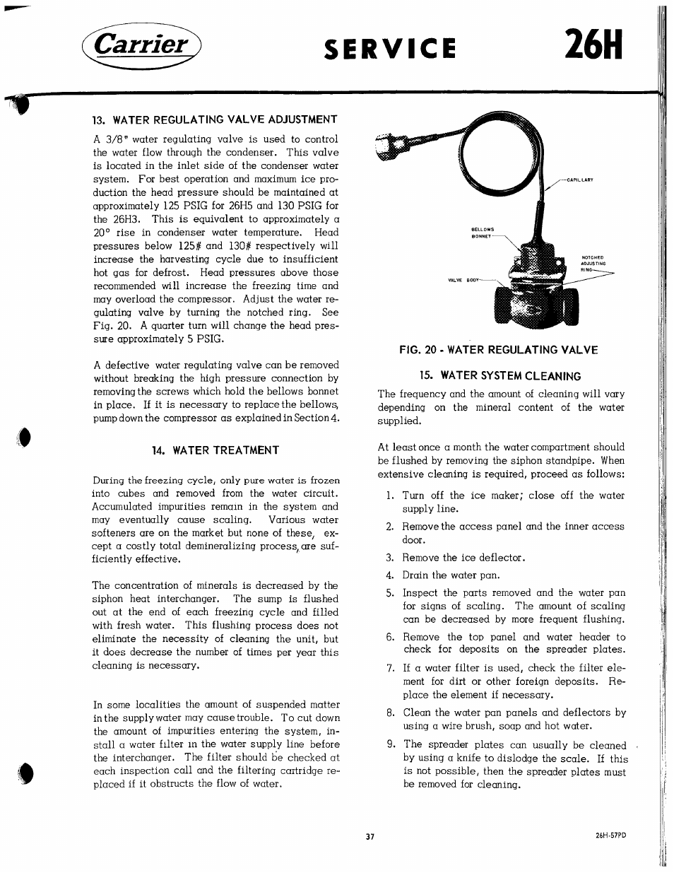 Water regulating valve adjustment, Water treatment, Water system cleaning | Carrier 26H User Manual | Page 37 / 64