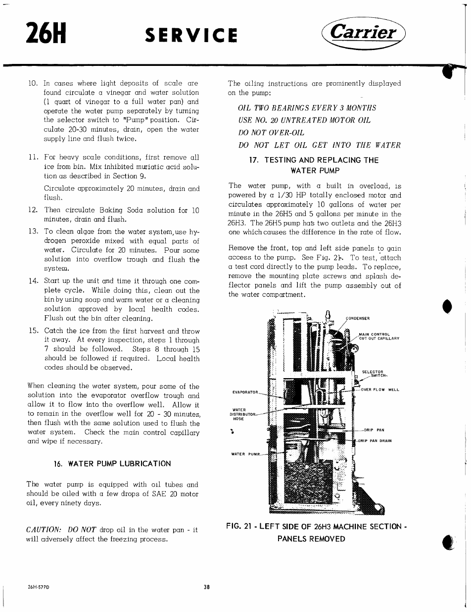 Water pump lubrication, Testing and replacing the water pump, Carrier | Carrier 26H User Manual | Page 38 / 64