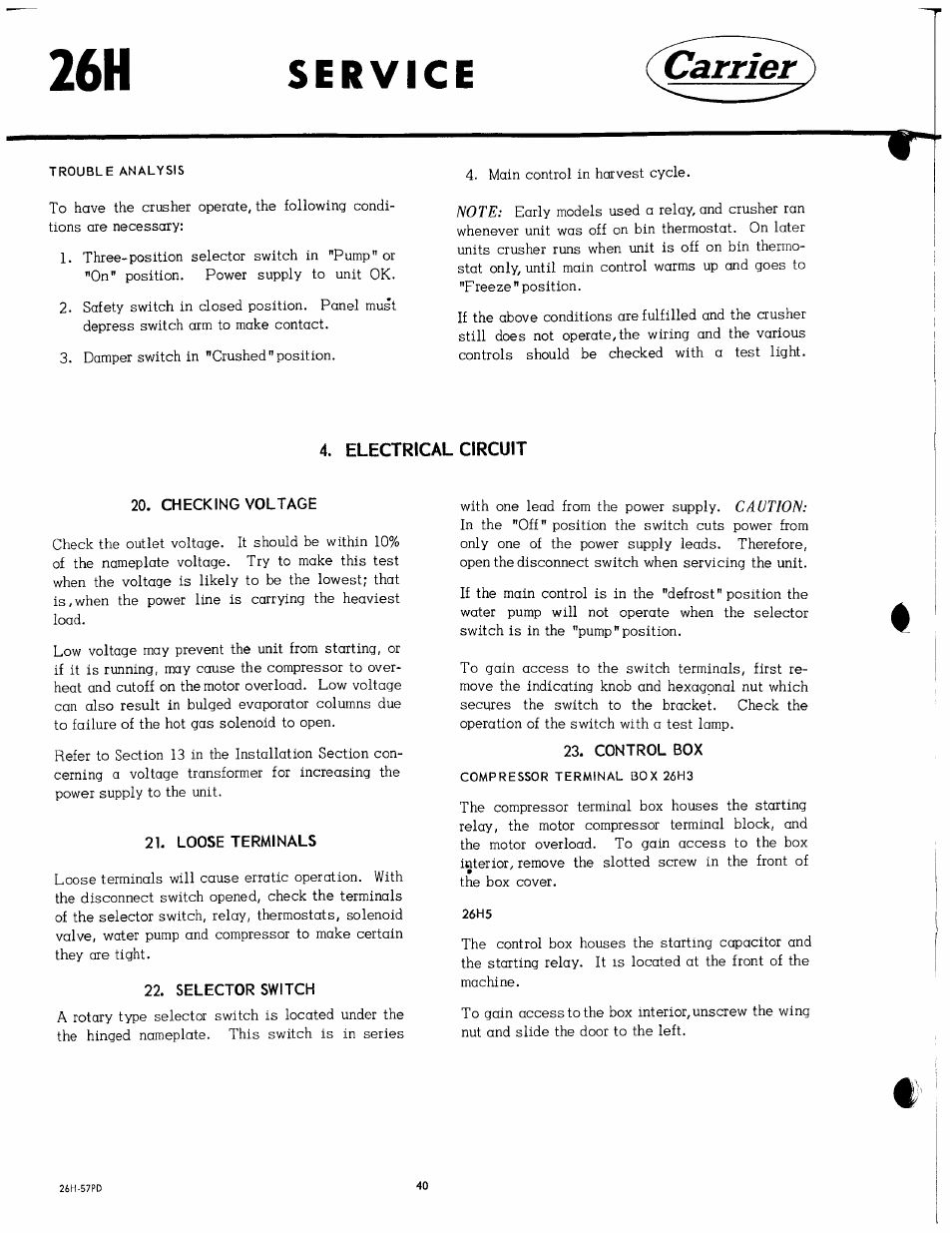 Electrical circuit, Checking voltage, Loose terminals | Selector switch, Control box, Carrier | Carrier 26H User Manual | Page 40 / 64