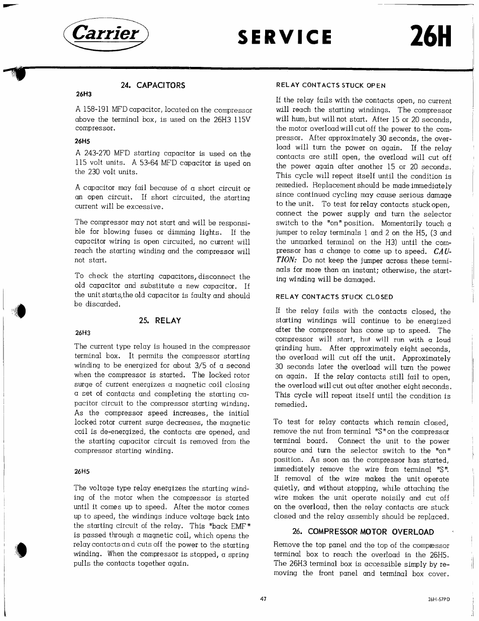 Capacitors, Relay, Compressor motor overload | Carrier | Carrier 26H User Manual | Page 47 / 64