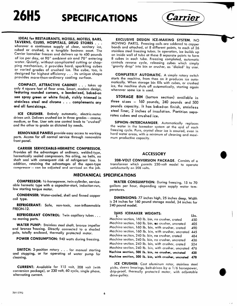 26h5, Specifications, Carrier | Specifications carrier, Accessory, Mechanical specifications | Carrier 26H User Manual | Page 6 / 64