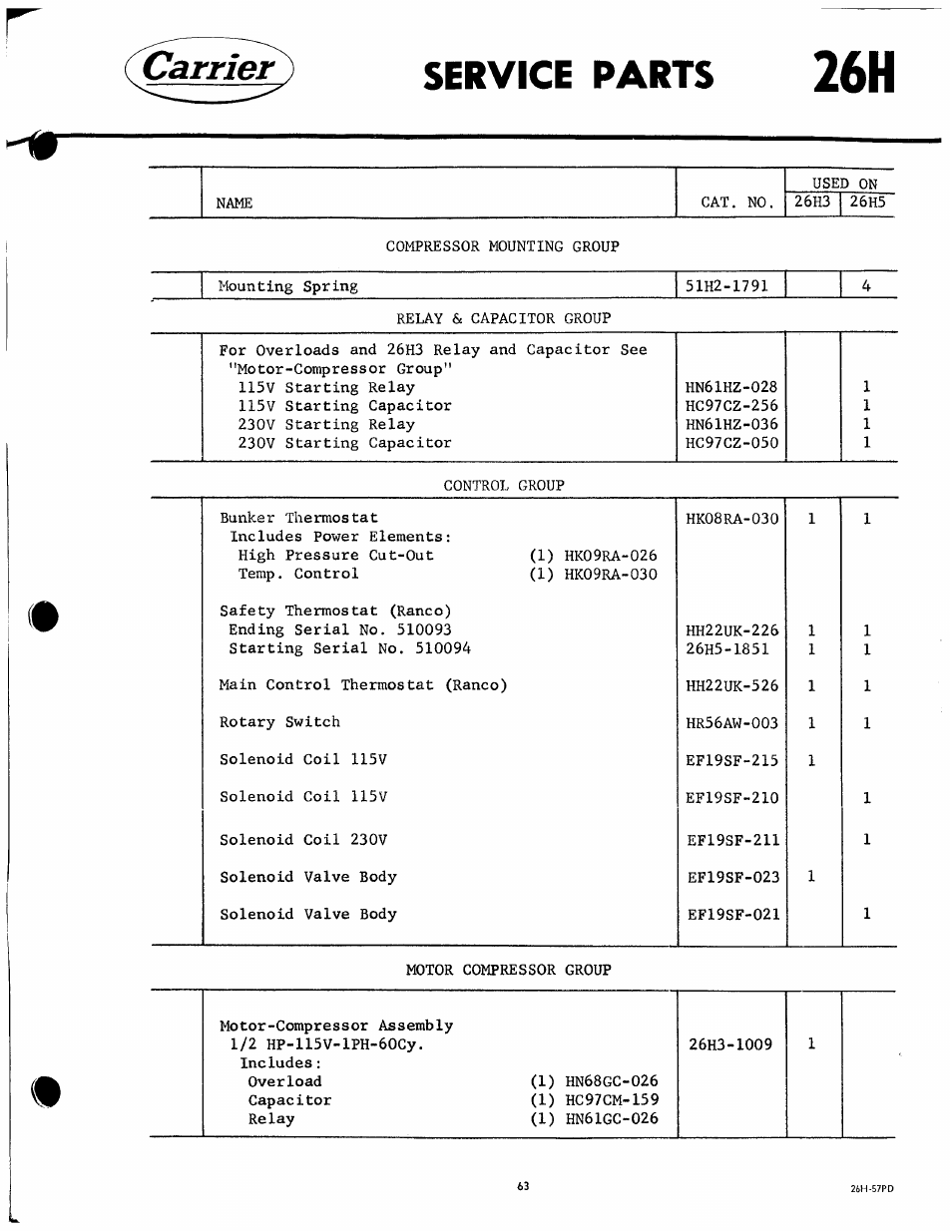 Carrier, Service parts, Service parts -64 | Carrier service parts | Carrier 26H User Manual | Page 63 / 64