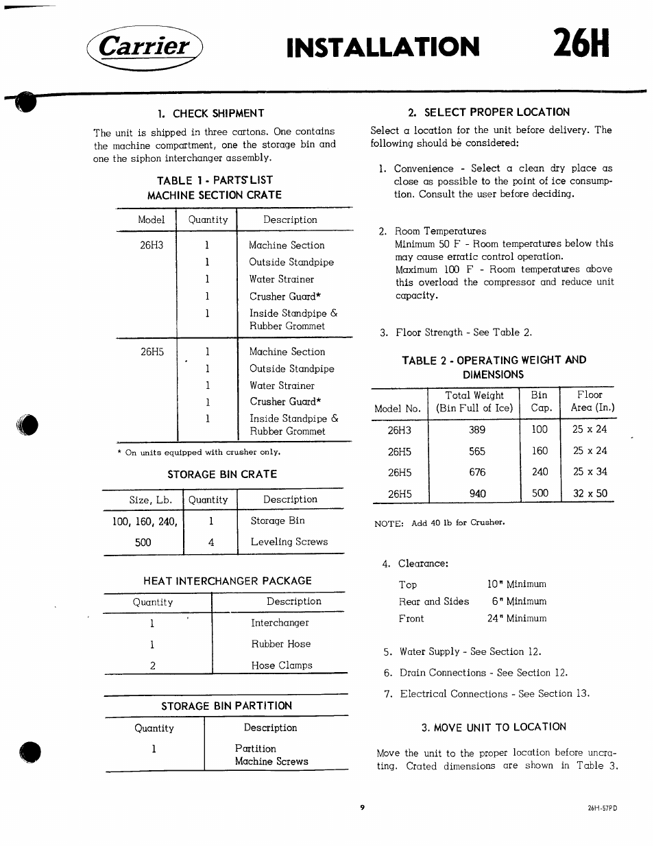 Check shipment, Storage bin crate, Heat interchanger package | Storage bin partition, Select proper location, Move unit to location, Installation, Carrier | Carrier 26H User Manual | Page 9 / 64