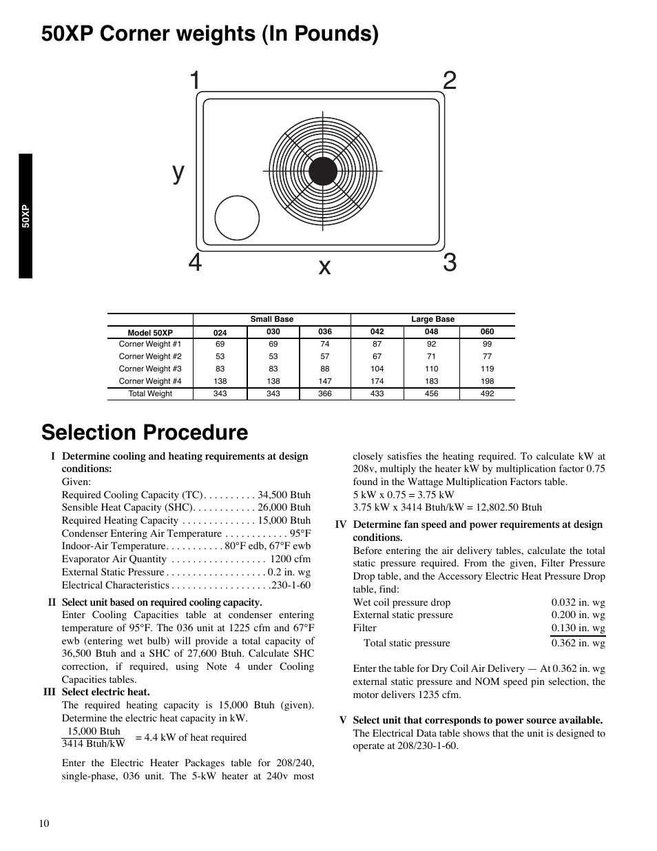 12 4 3 x y, Selection procedure, 50xp corner weights (in pounds) | Carrier 13 50XP User Manual | Page 10 / 24