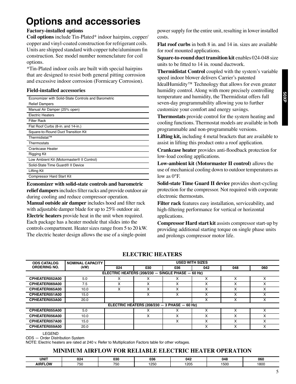 Options and accessories, Electric heaters | Carrier 13 50XP User Manual | Page 5 / 24