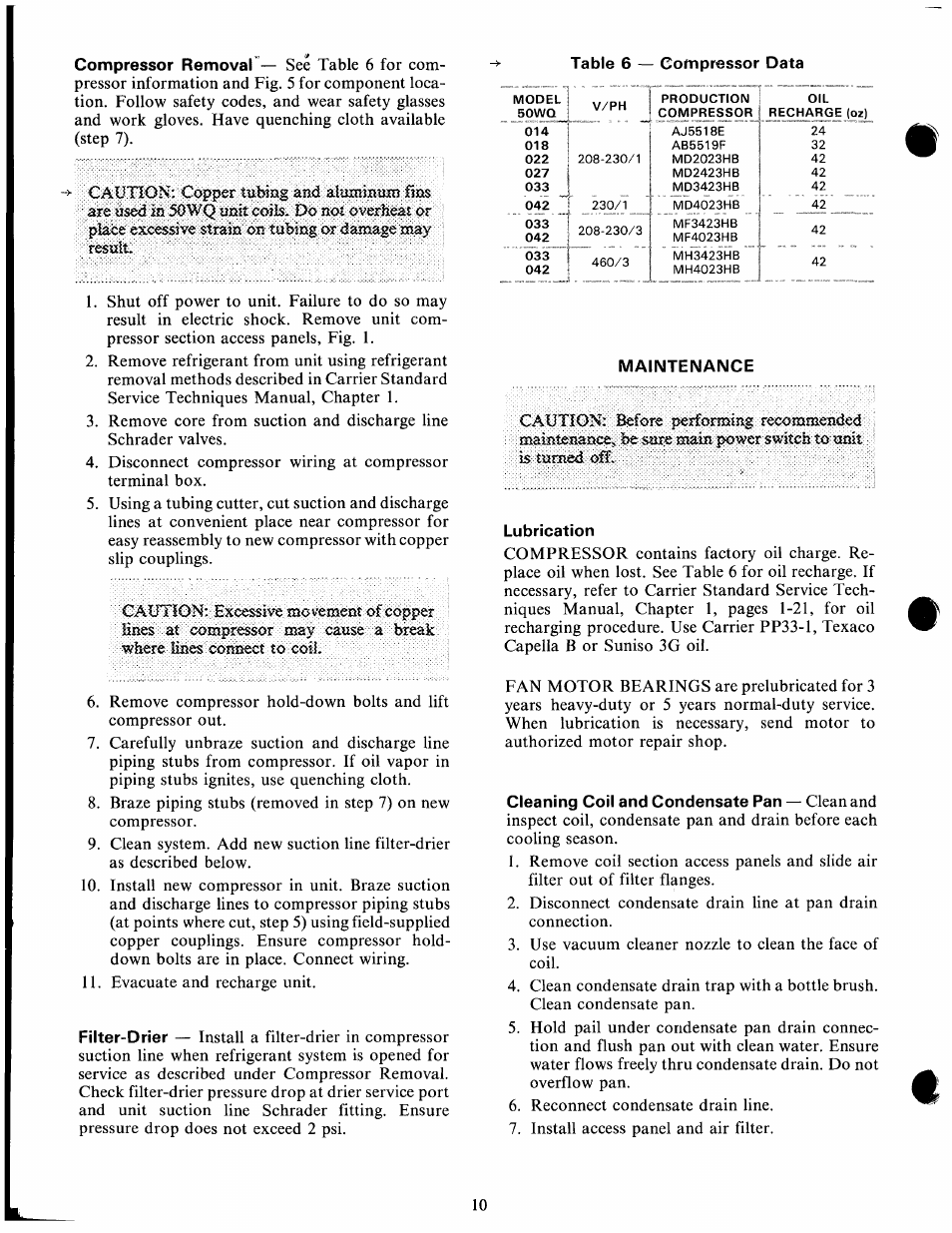 Maintenance, Lubrication, Cleaning coil and condensate pan — clean and | Carrier 50WQ User Manual | Page 10 / 12