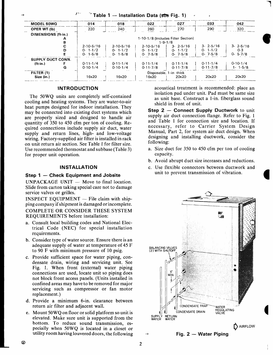 Introduction, Installation, Fig. 2 — water piping | Carrier 50WQ User Manual | Page 2 / 12